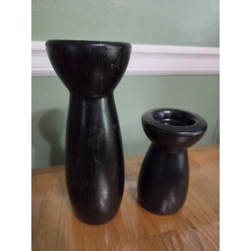 Vintage Ceramic Black/Gold Candle Holder Set 7.5